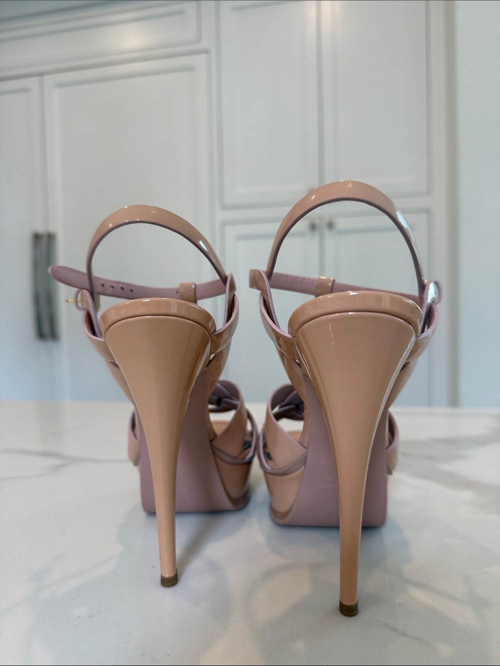 Saint Laurent Nude Patent Leather Woven Platform Sandals - Picture 3 of 7